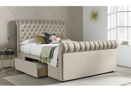 4ft6 Double Natural stone, soft velvet fabric upholstered,Chesterfield buttoned drawer storage  1